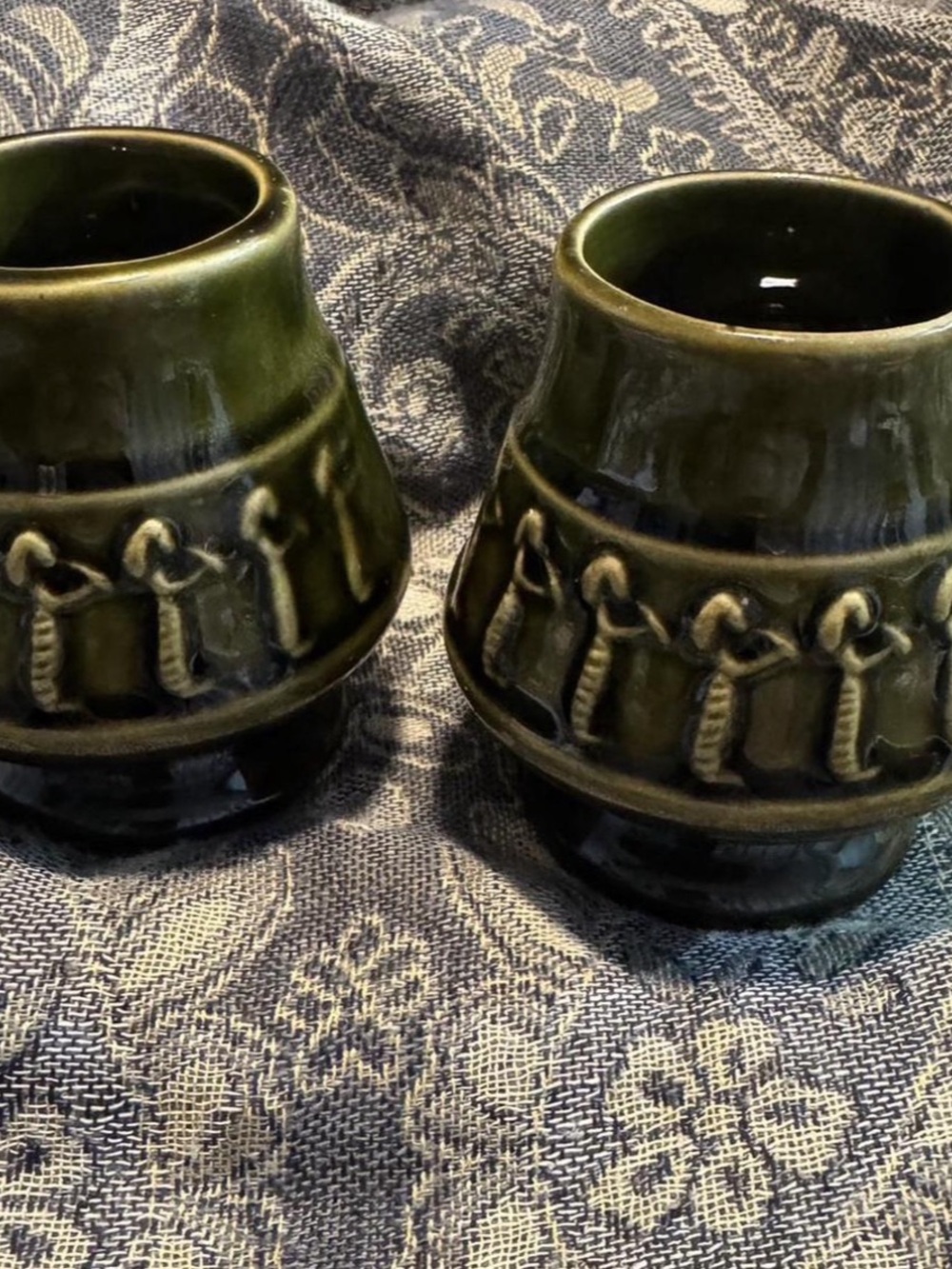 Glazed Olive Green Egyptian Pattern Candle Holders